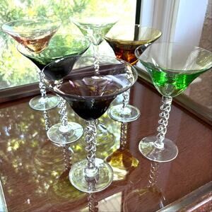Hand Blown Multicolor Martini Glasses Set of 6 Twisted Stems